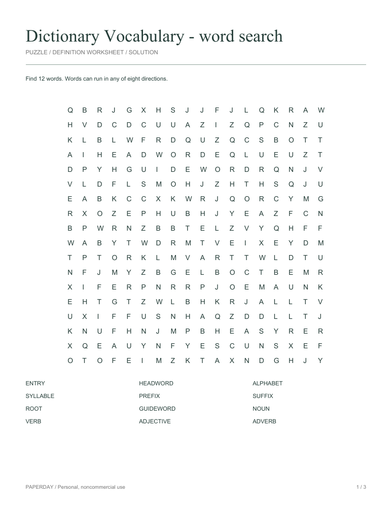 Preview of Dictionary Vocabulary Word Search