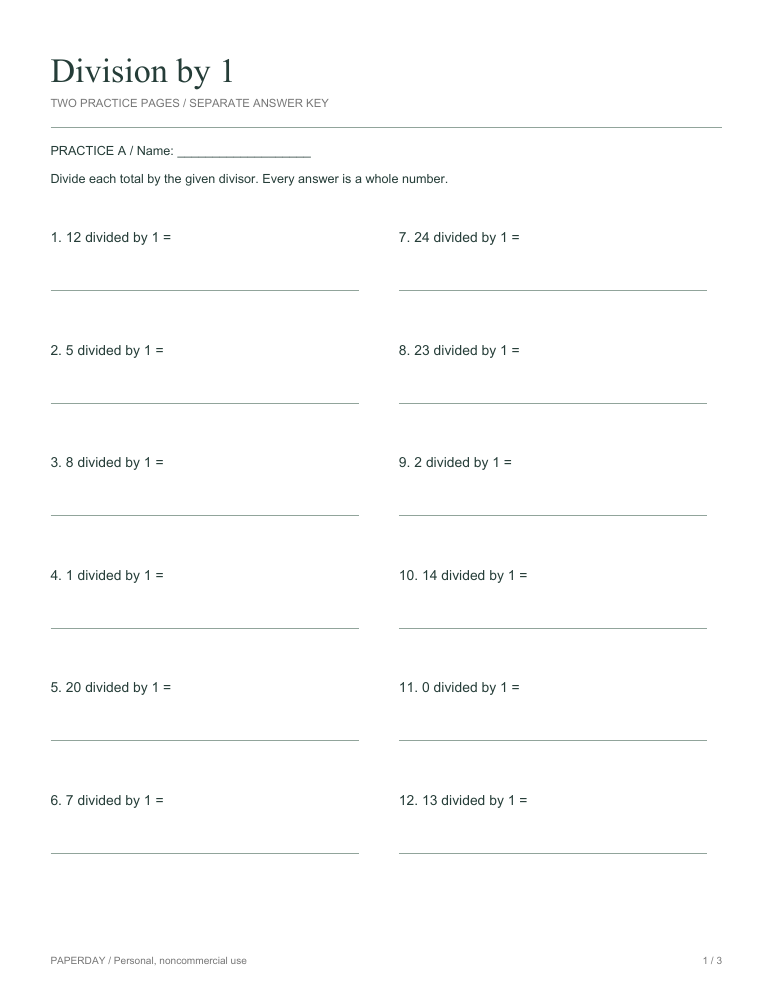 Preview of Division by 1 - practice and answers