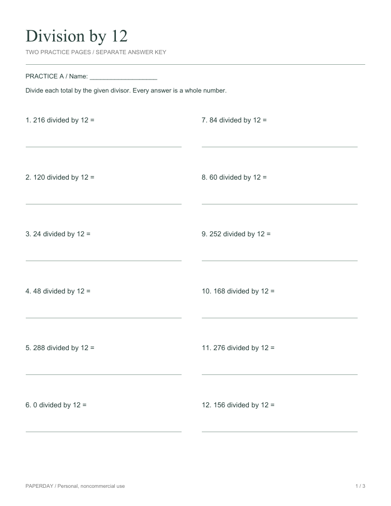Preview of Division by 12 - practice and answers