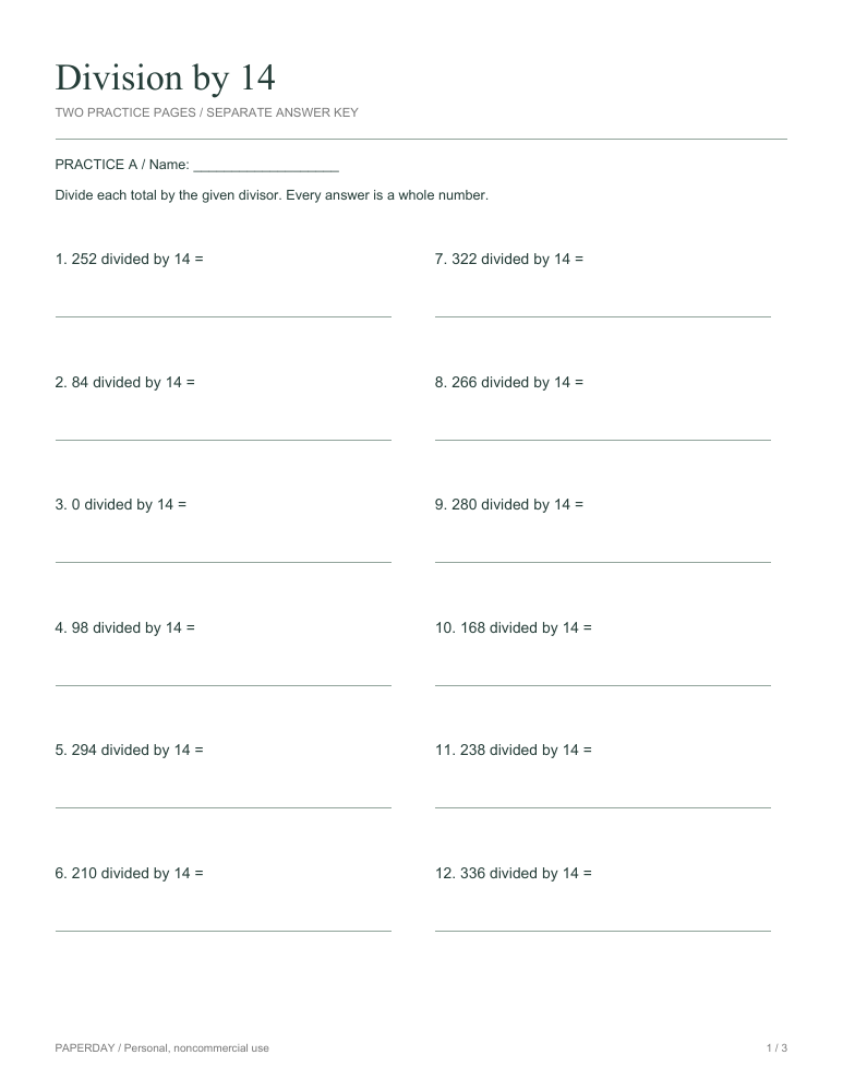 Preview of Division by 14 - practice and answers