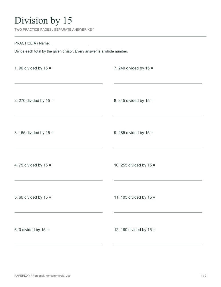 Preview of Division by 15 - practice and answers
