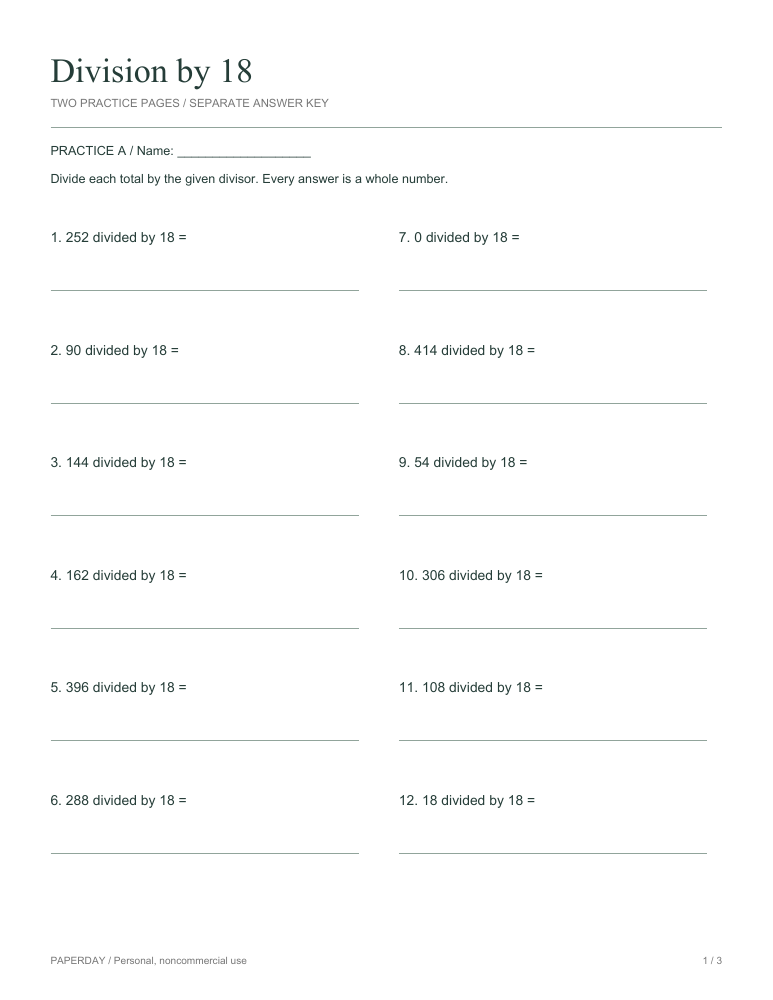 Preview of Division by 18 - practice and answers