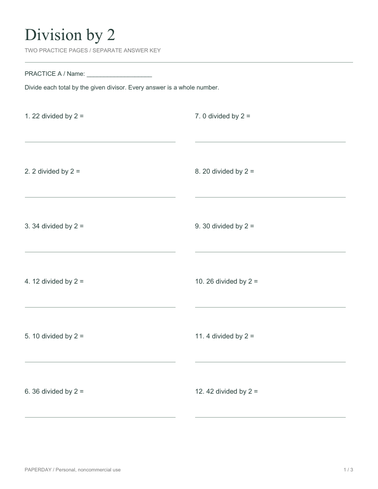 Page one of Division by 2 - practice and answers