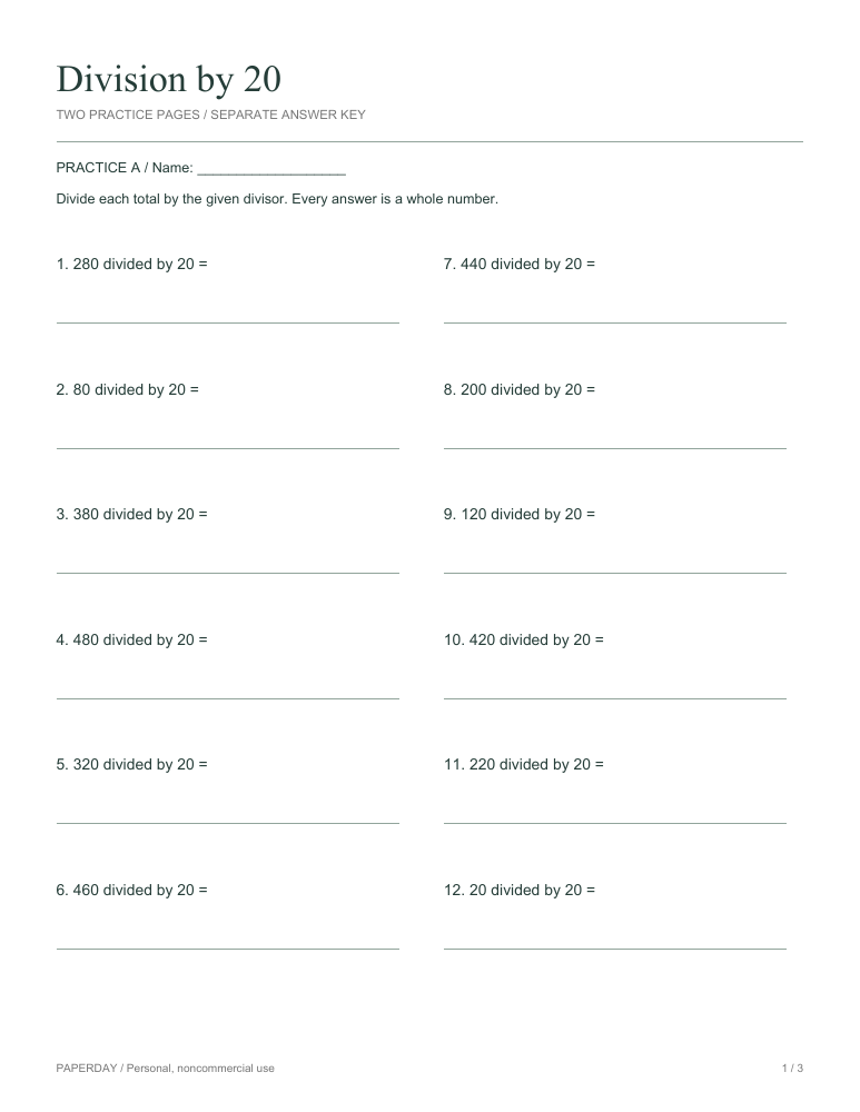 Preview of Division by 20 - practice and answers