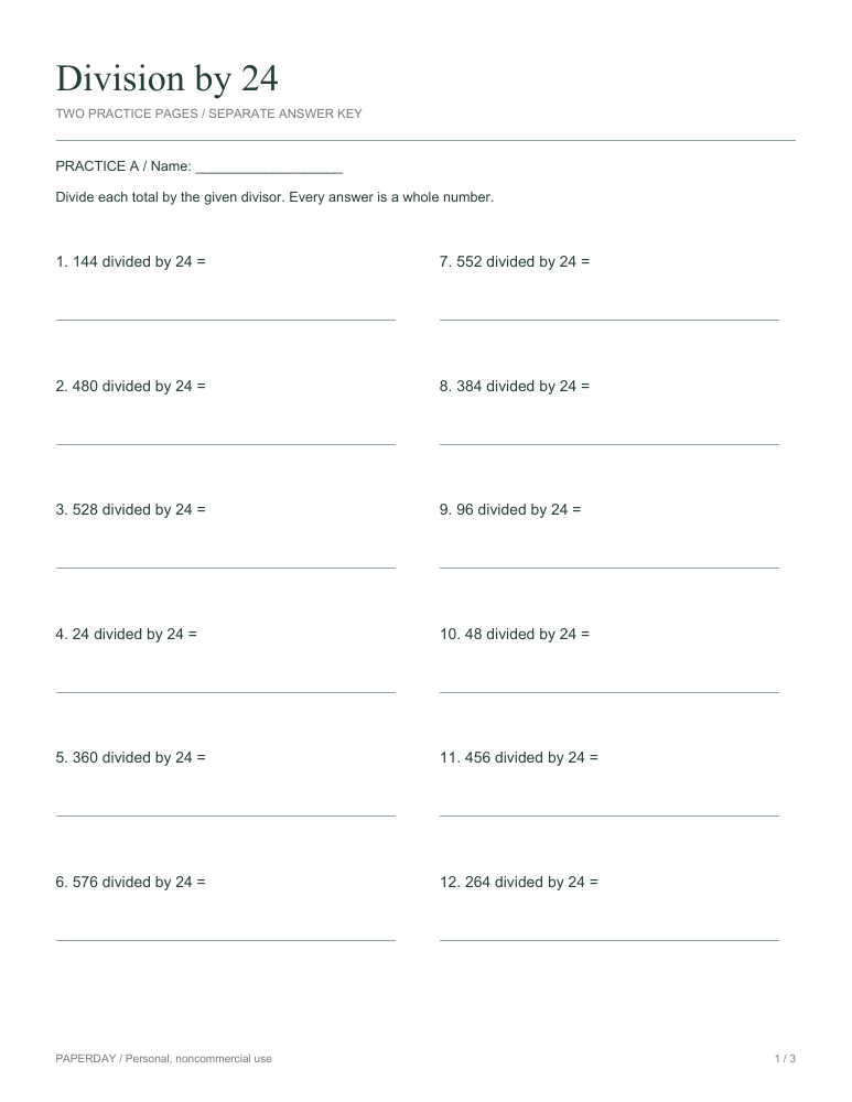 Preview of Division by 24 - practice and answers