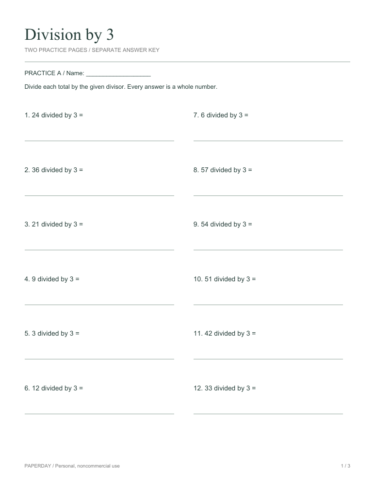 Preview of Division by 3 - practice and answers