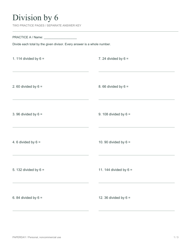 Preview of Division by 6 - practice and answers