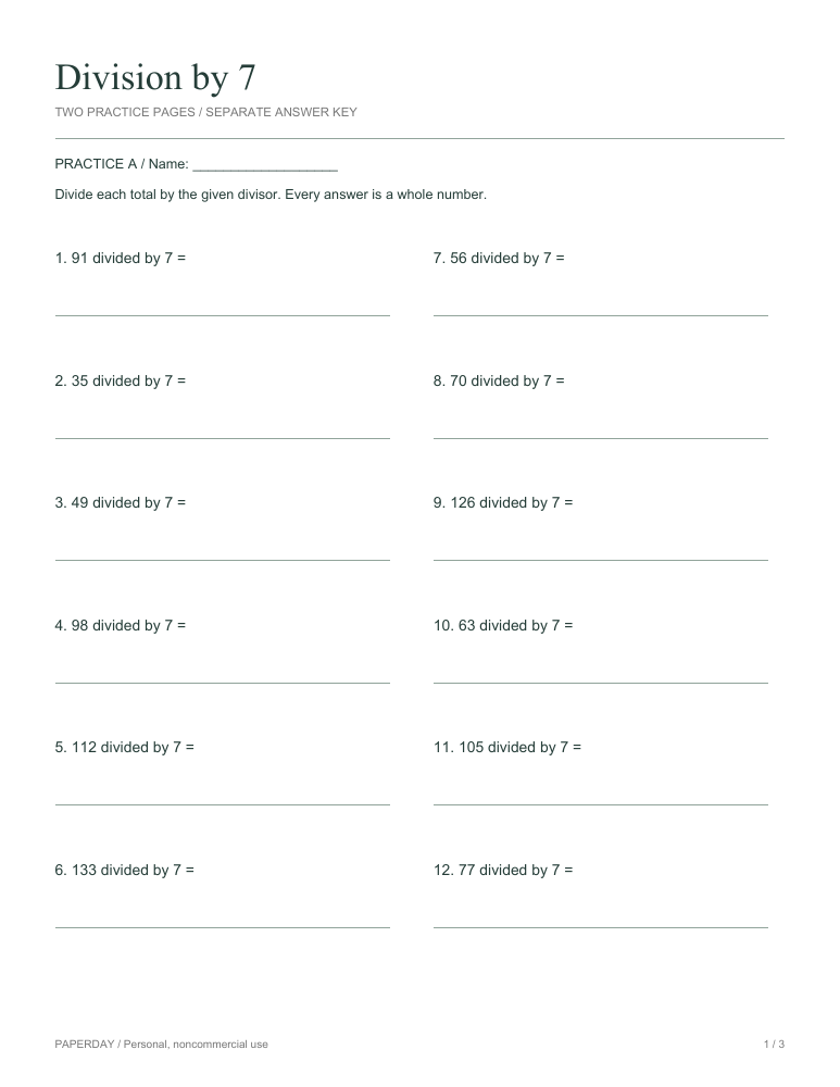 Preview of Division by 7 - practice and answers