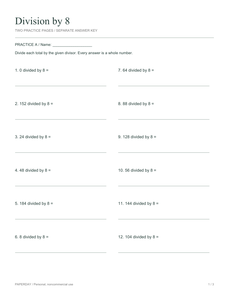 Preview of Division by 8 - practice and answers