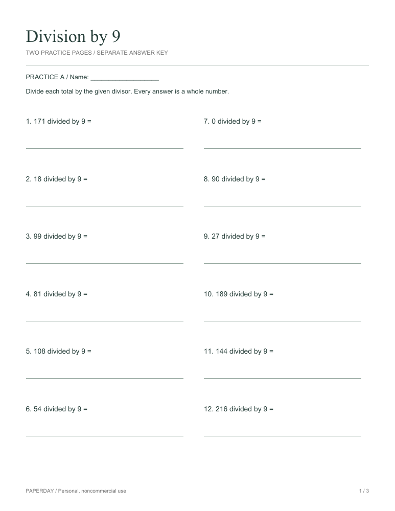 Preview of Division by 9 - practice and answers