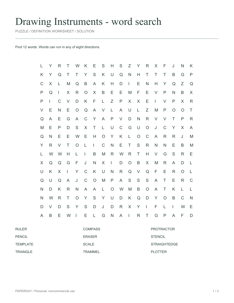 Preview of Drawing Instruments Word Search