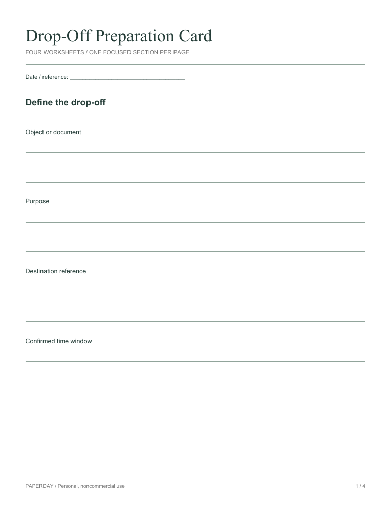 Page one of Drop-Off Preparation Card