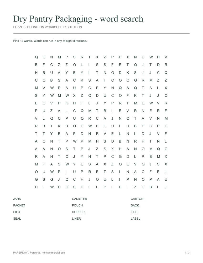 Preview of Dry Pantry Packaging Word Search