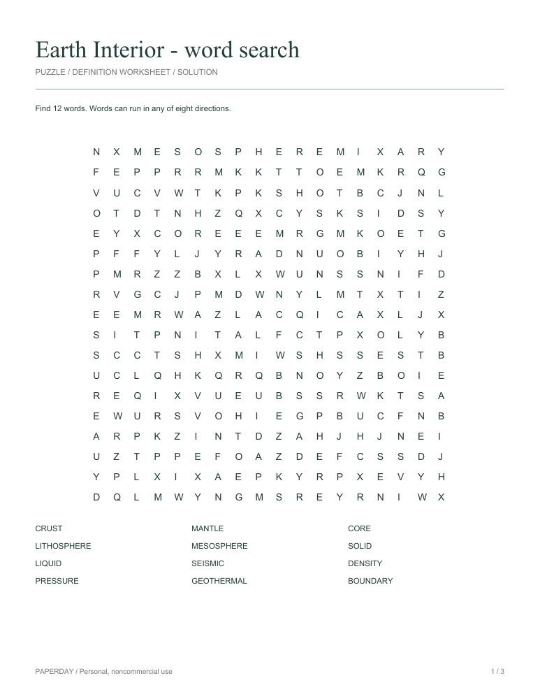Preview of Earth Interior Word Search