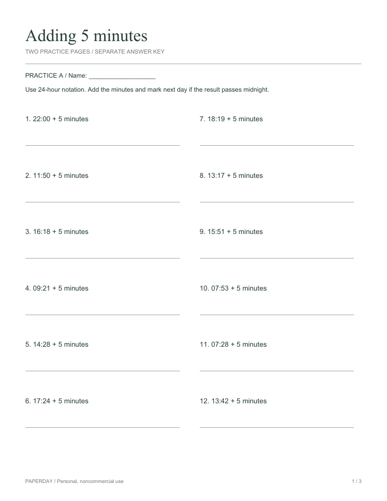 Preview of Adding 5 minutes - practice and answers