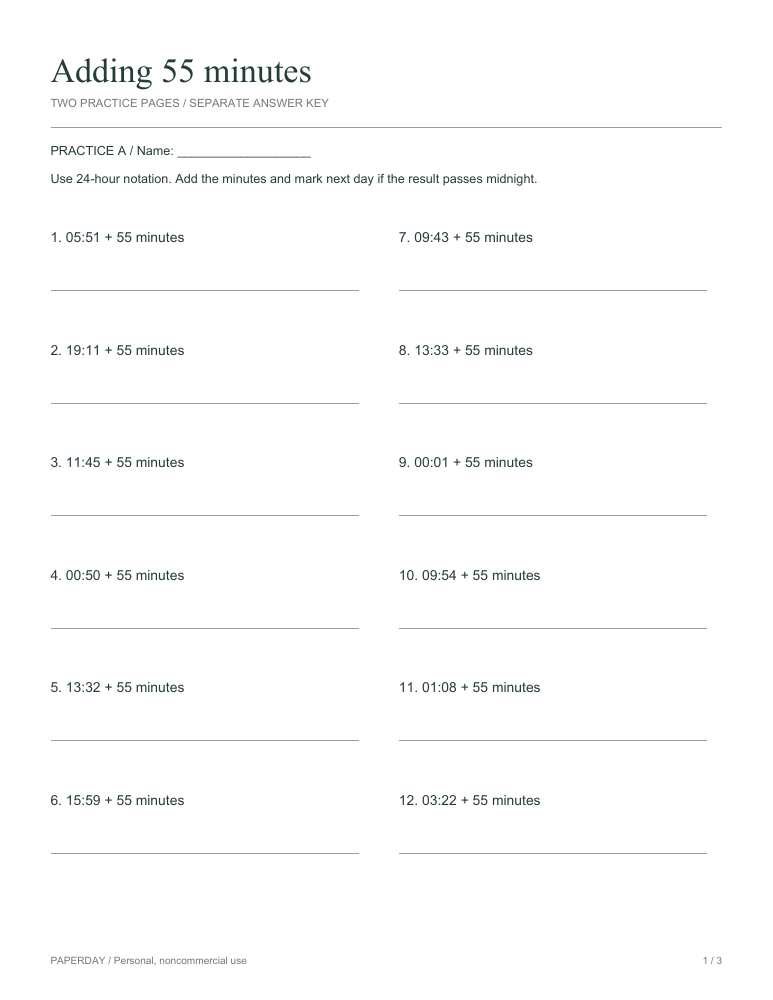 Preview of Adding 55 minutes - practice and answers