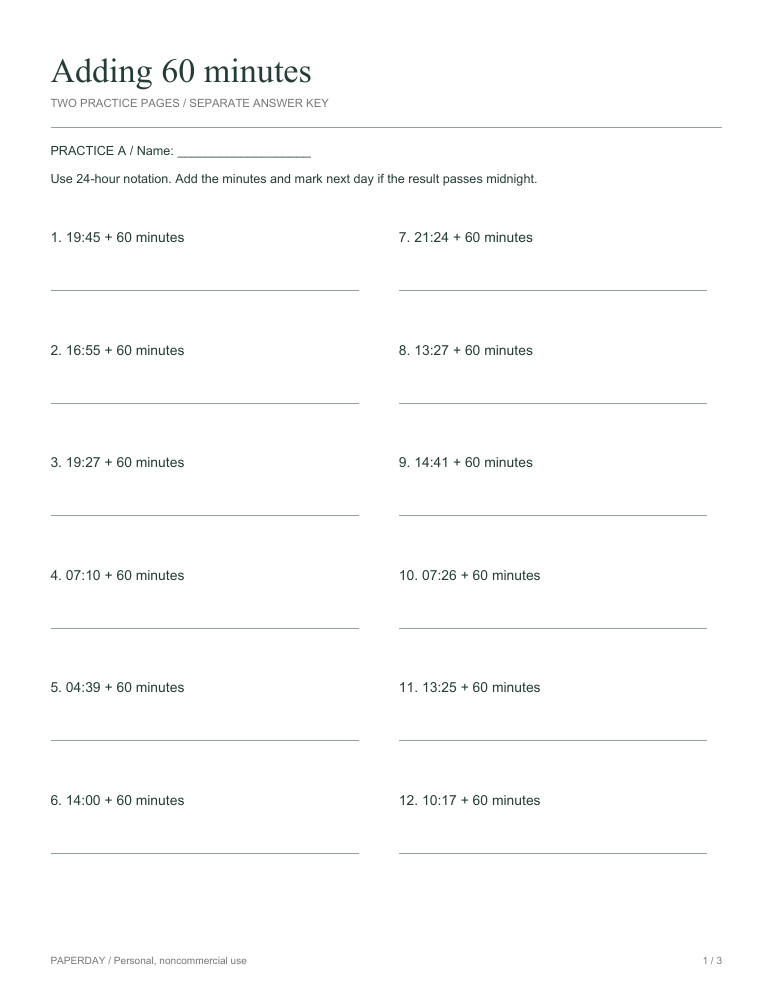 Preview of Adding 60 minutes - practice and answers