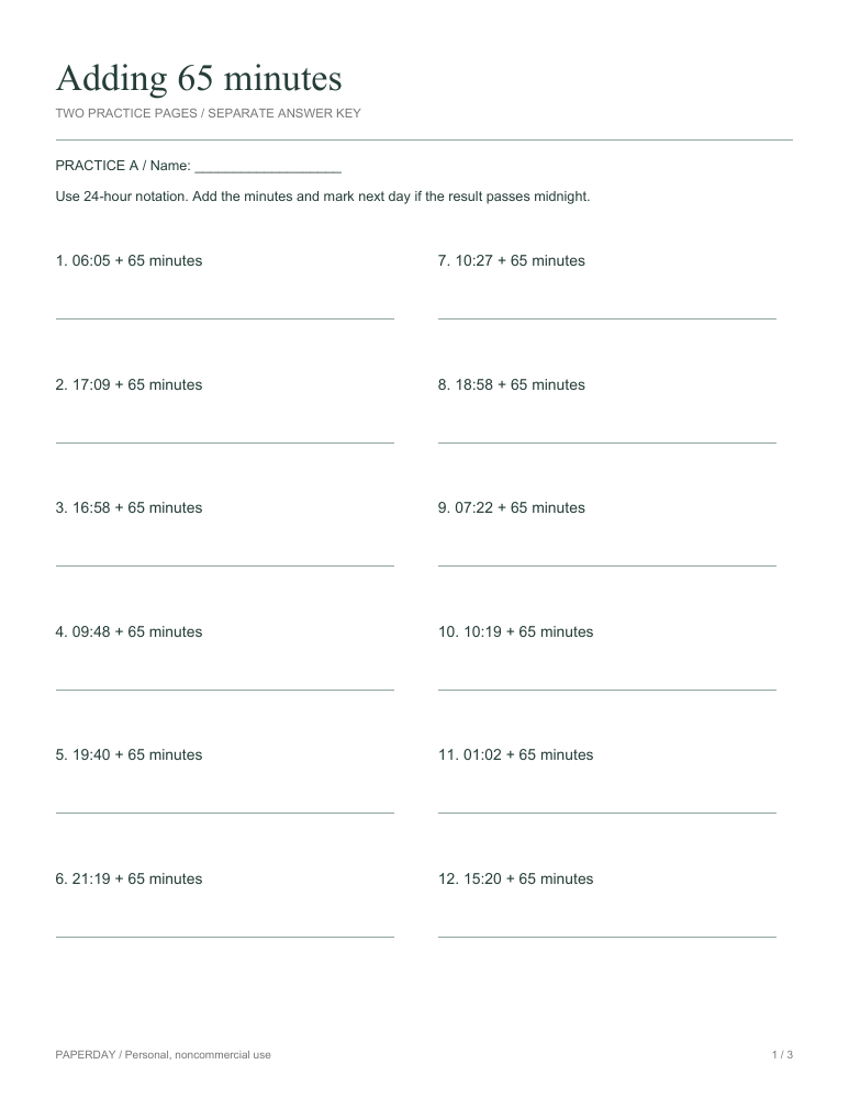 Preview of Adding 65 minutes - practice and answers