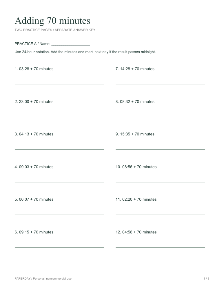 Preview of Adding 70 minutes - practice and answers