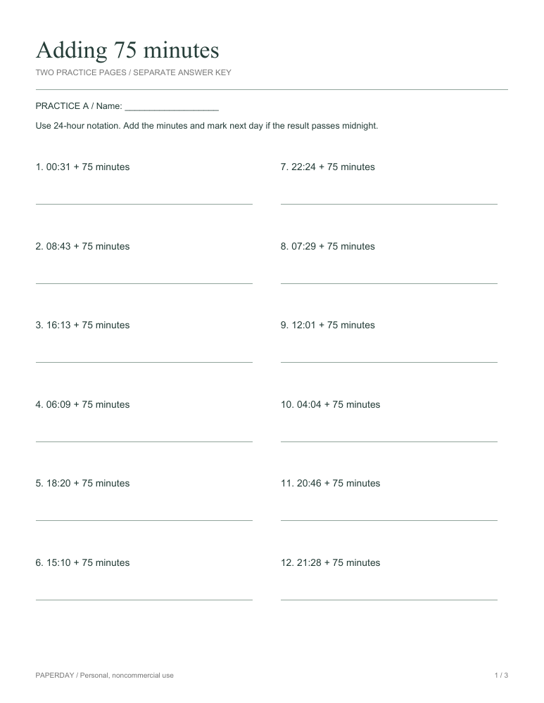 Preview of Adding 75 minutes - practice and answers