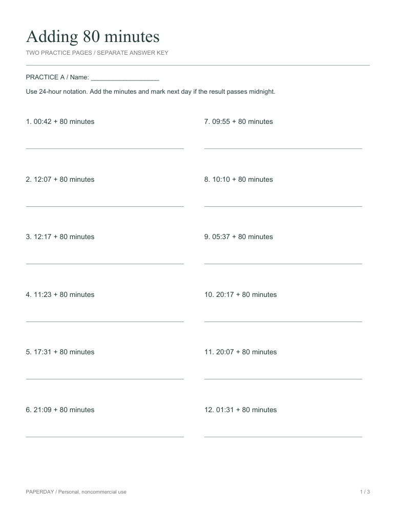 Preview of Adding 80 minutes - practice and answers