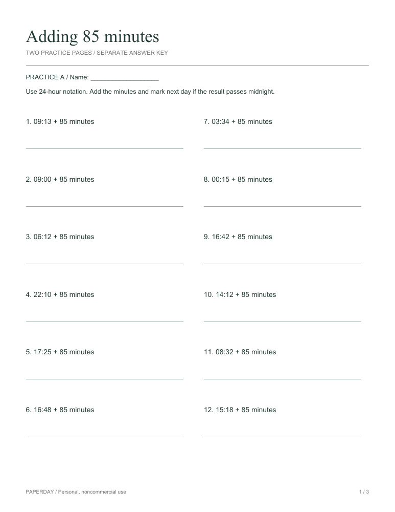 Preview of Adding 85 minutes - practice and answers