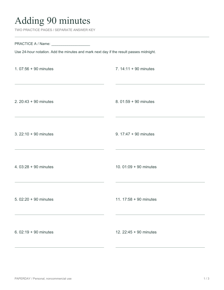 Preview of Adding 90 minutes - practice and answers