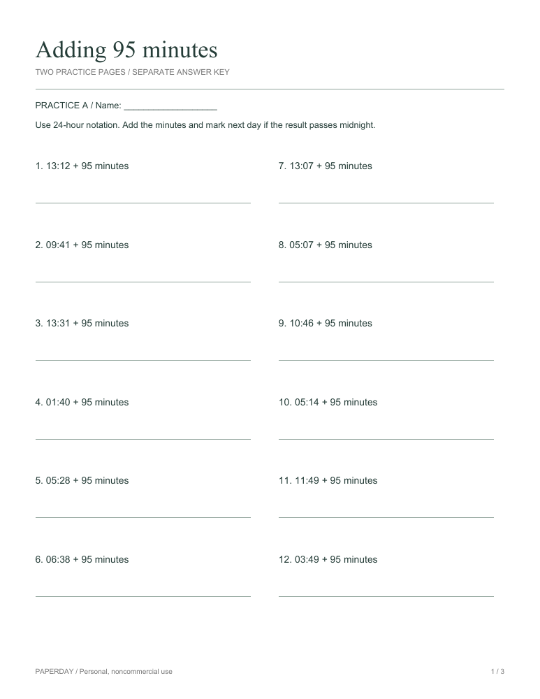 Preview of Adding 95 minutes - practice and answers