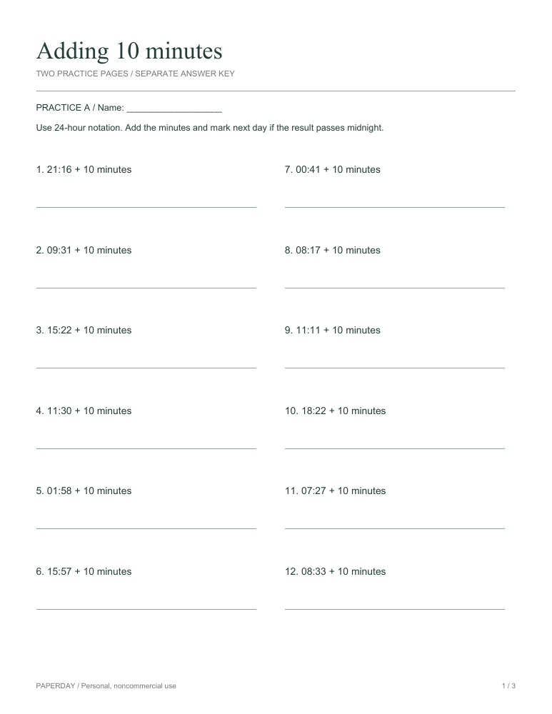 Preview of Adding 10 minutes - practice and answers