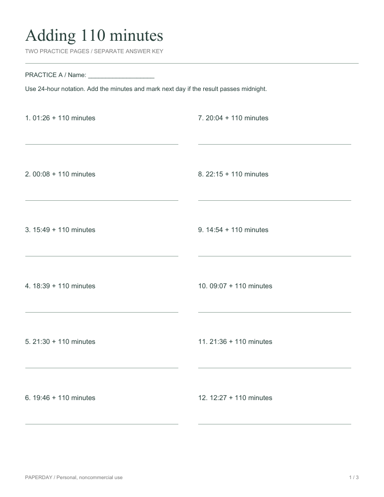 Preview of Adding 110 minutes - practice and answers