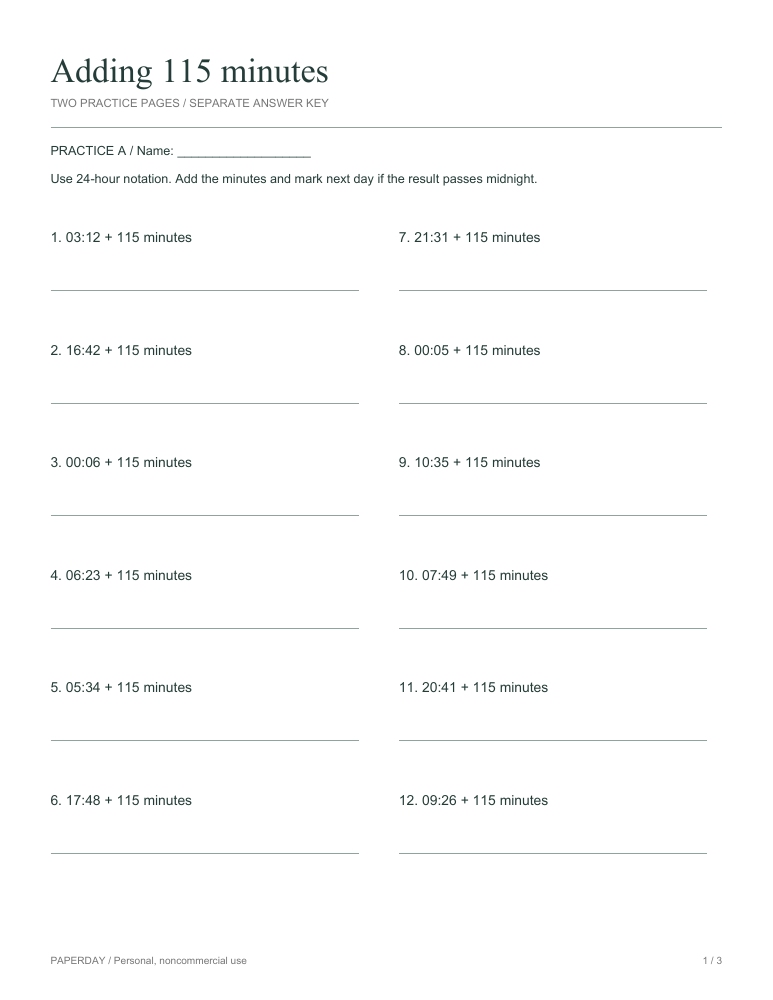 Preview of Adding 115 minutes - practice and answers