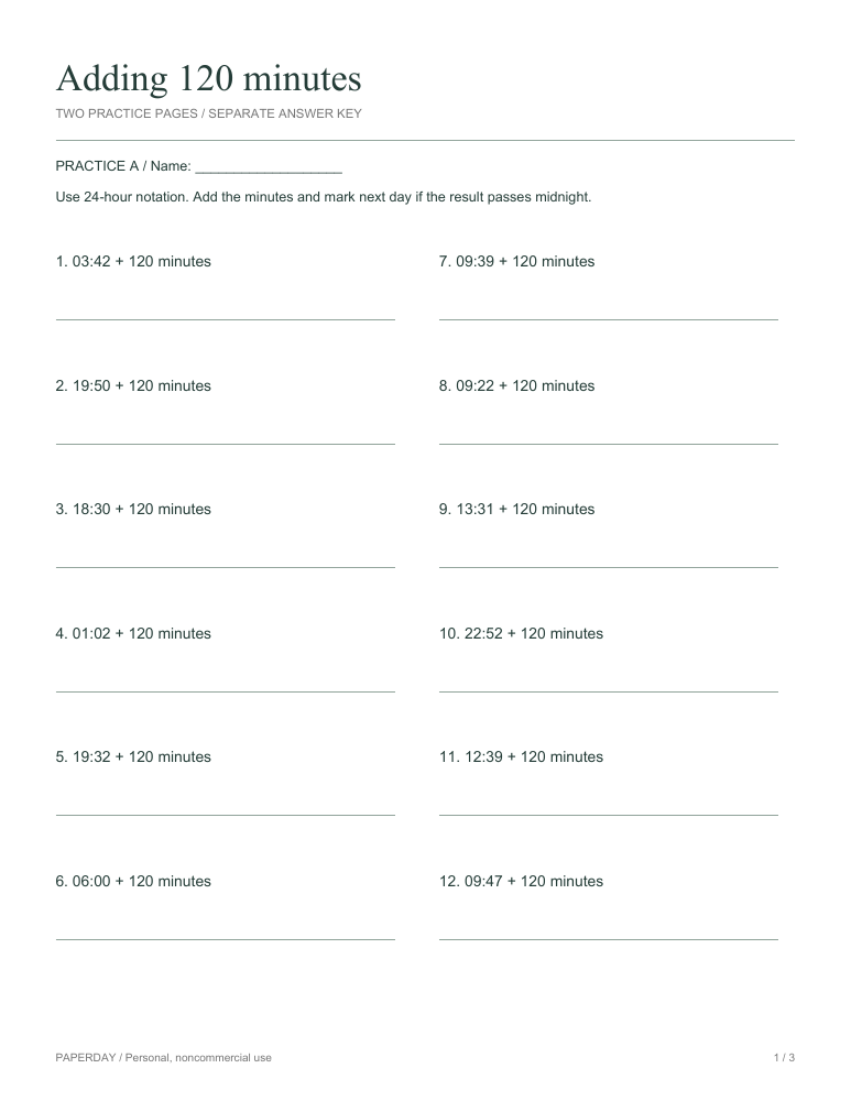 Preview of Adding 120 minutes - practice and answers
