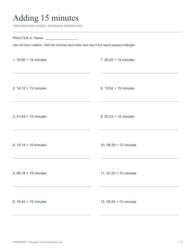 Preview of Adding 15 minutes - practice and answers