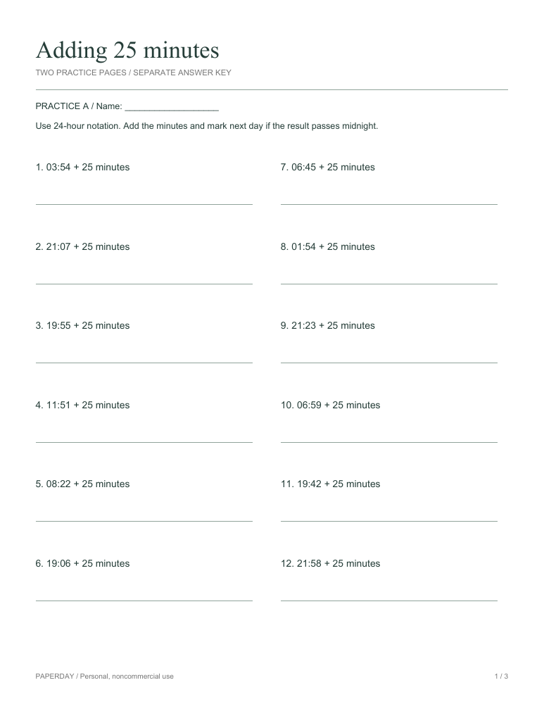 Preview of Adding 25 minutes - practice and answers
