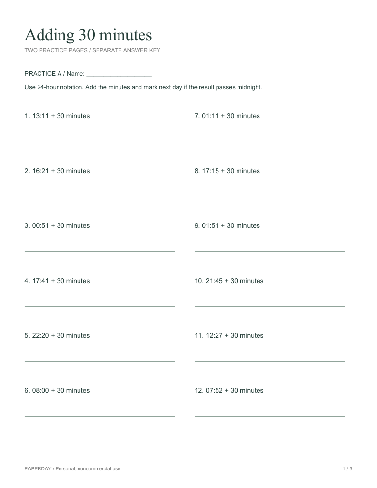 Preview of Adding 30 minutes - practice and answers