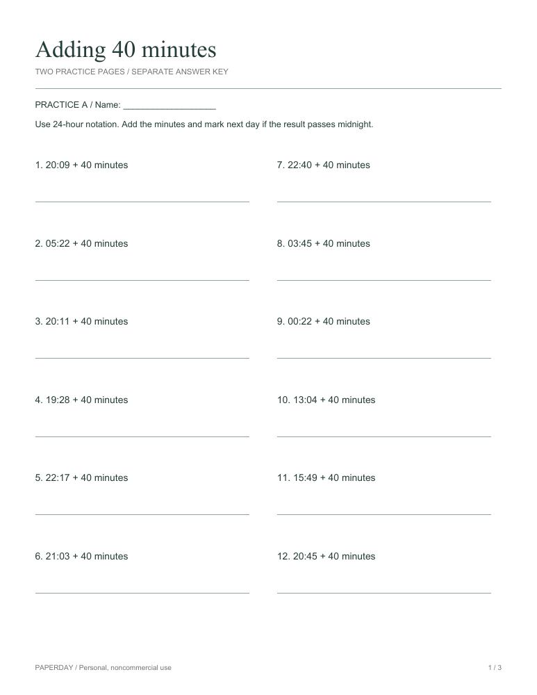 Preview of Adding 40 minutes - practice and answers