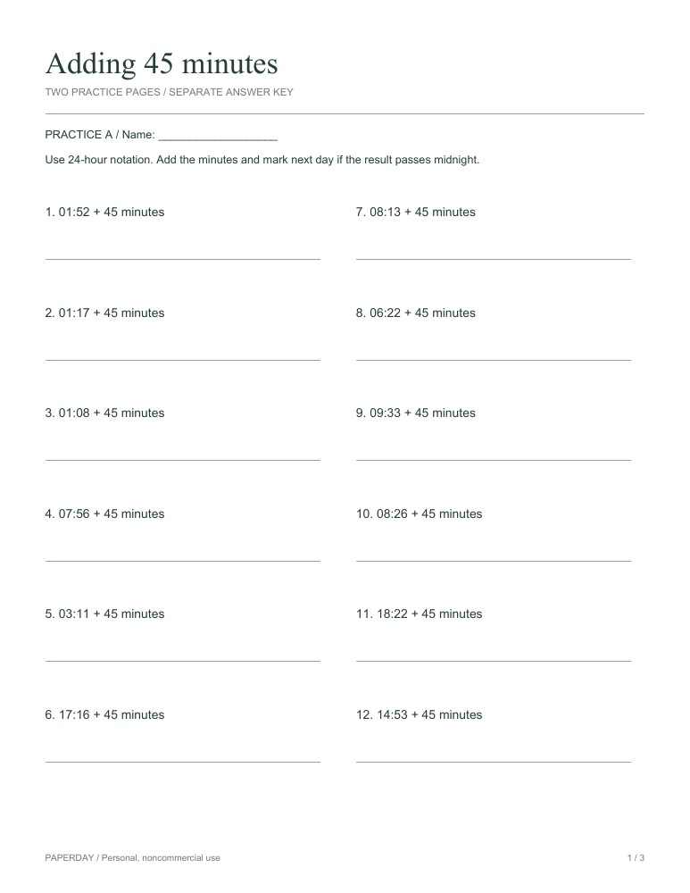 Preview of Adding 45 minutes - practice and answers
