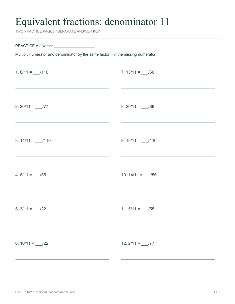 Preview of Equivalent fractions: denominator 11 - practice and answers