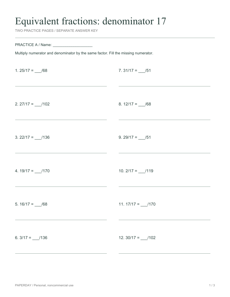 Preview of Equivalent fractions: denominator 17 - practice and answers