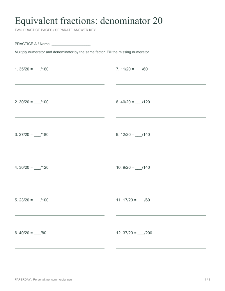 Preview of Equivalent fractions: denominator 20 - practice and answers