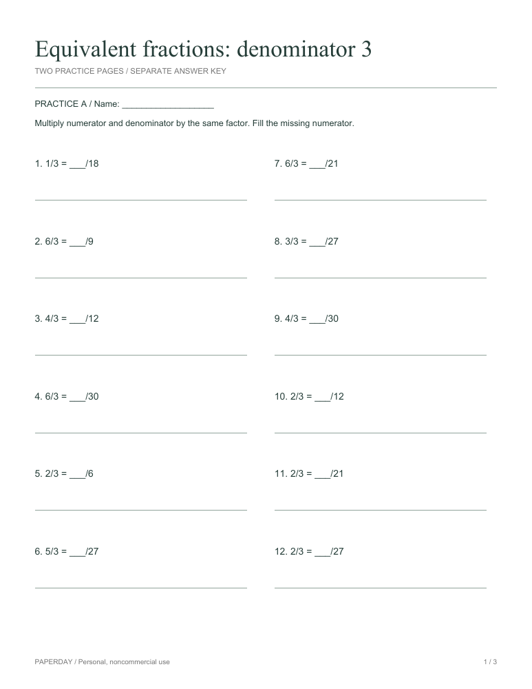 Preview of Equivalent fractions: denominator 3 - practice and answers