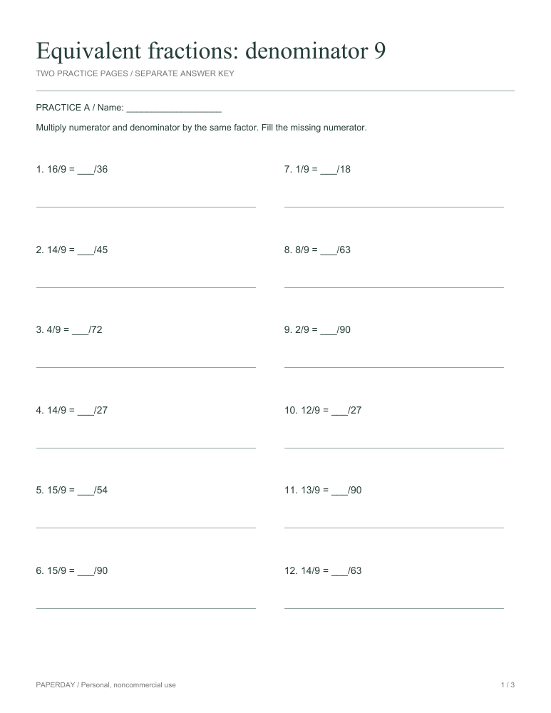 Preview of Equivalent fractions: denominator 9 - practice and answers