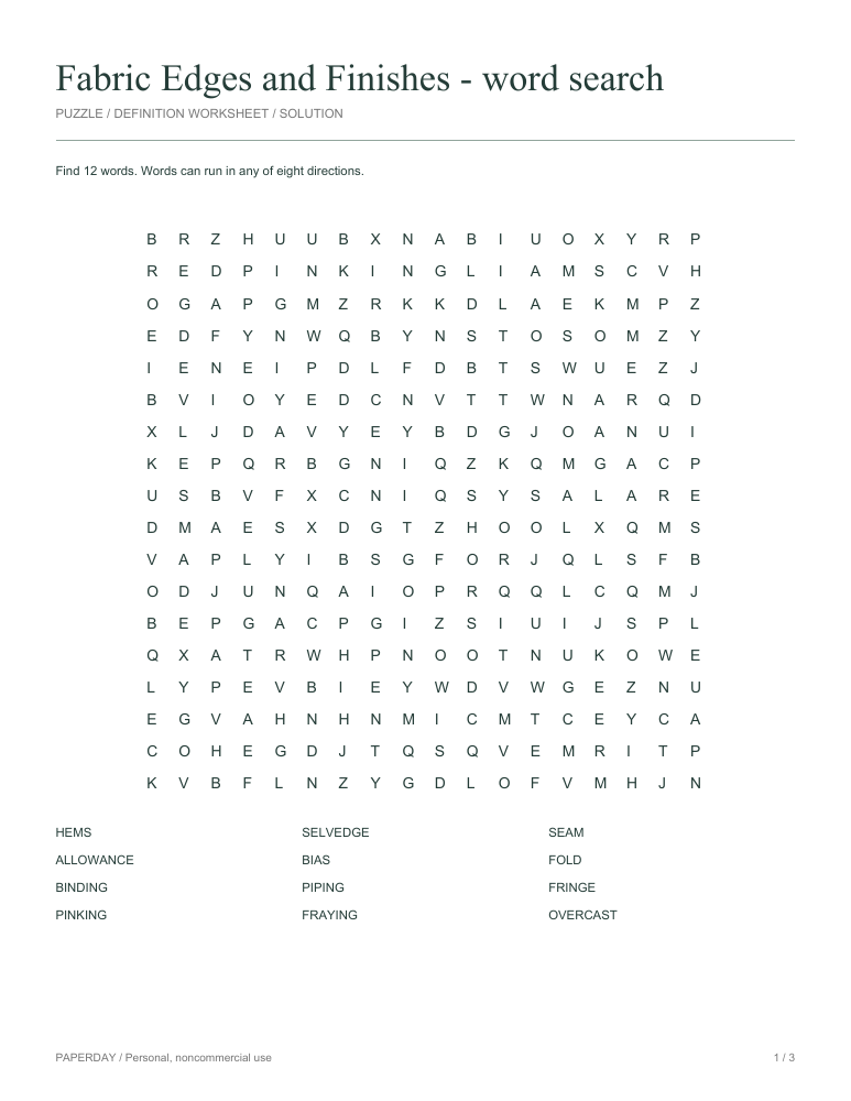 Preview of Fabric Edges and Finishes Word Search
