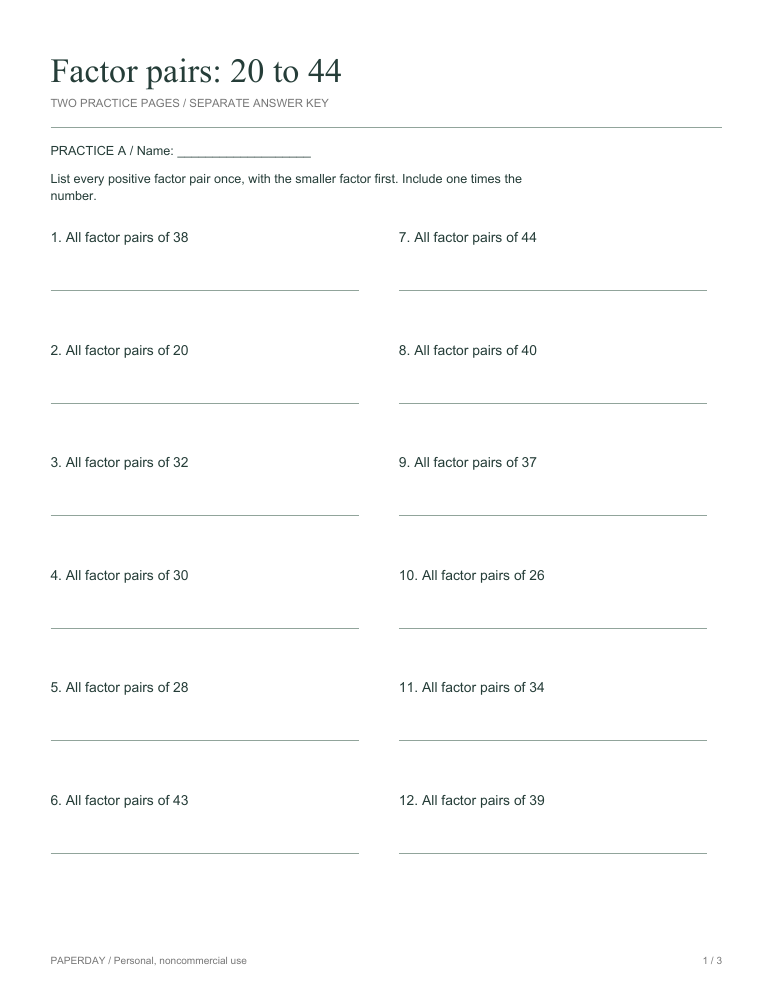Preview of Factor pairs: 20 to 44 - practice and answers