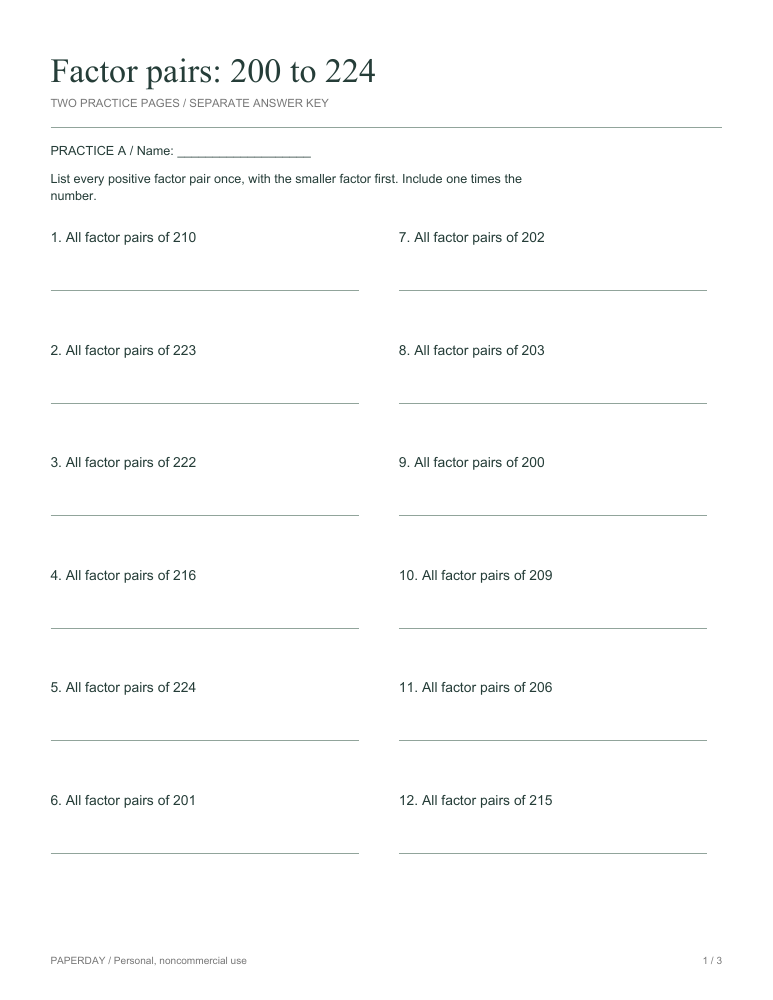 Preview of Factor pairs: 200 to 224 - practice and answers