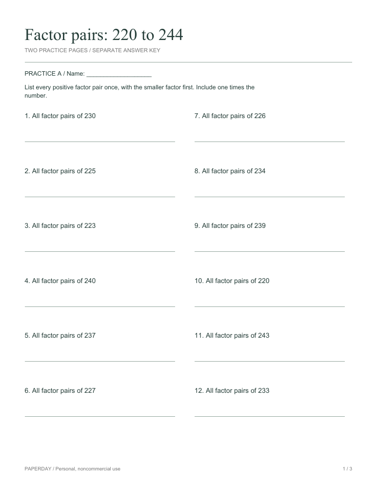 Preview of Factor pairs: 220 to 244 - practice and answers