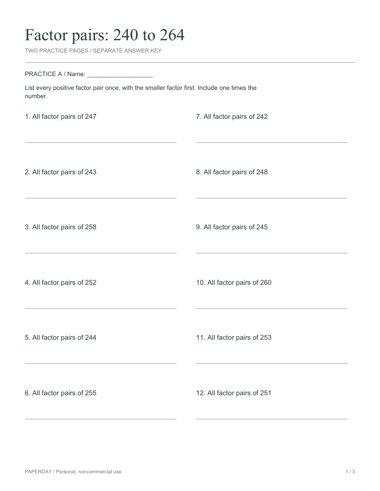 Preview of Factor pairs: 240 to 264 - practice and answers
