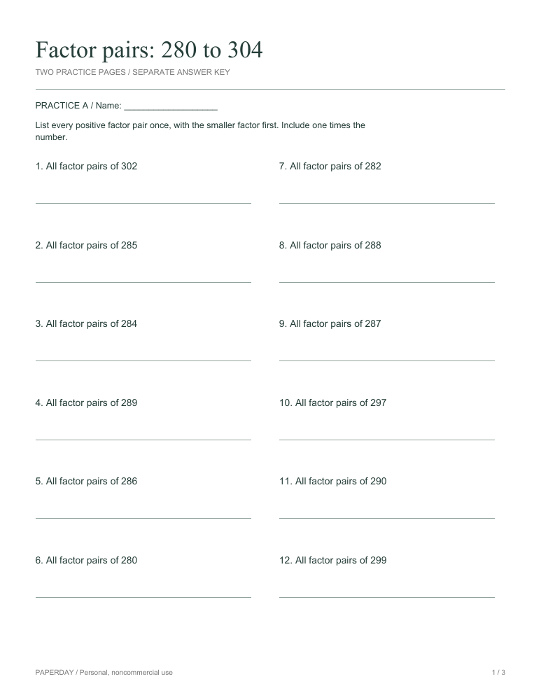 Preview of Factor pairs: 280 to 304 - practice and answers