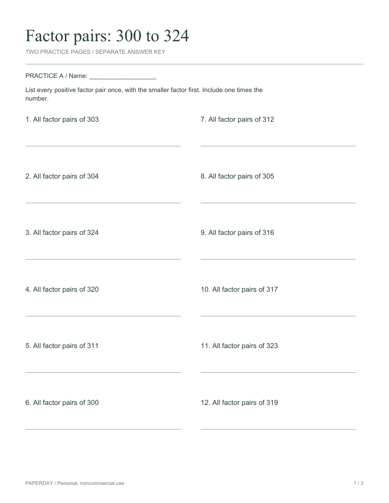Preview of Factor pairs: 300 to 324 - practice and answers