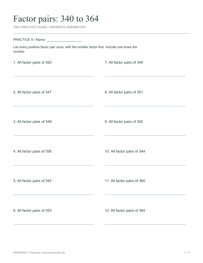 Preview of Factor pairs: 340 to 364 - practice and answers